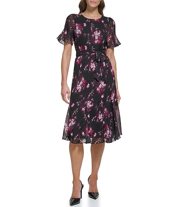 DKNY Floral Print Crew Neck Short Sleeve Belted Midi Dress | Dillard's