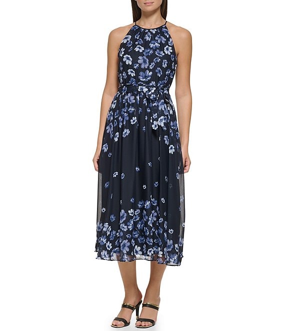 Color:Navy Multi - Image 1 - Floral Print Halter Neck Sleeveless Tie Waist Chiffon Midi Dress