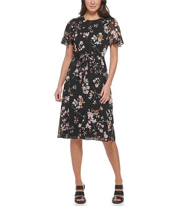 DKNY Floral Print Crew Neck Short Sleeve Tie Waist Midi Dress | Dillard's