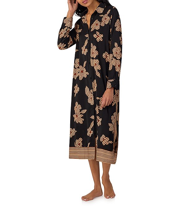 DKNY Floral Print Long Sleeve Satin Maxi Sleep Shirt Dillard s