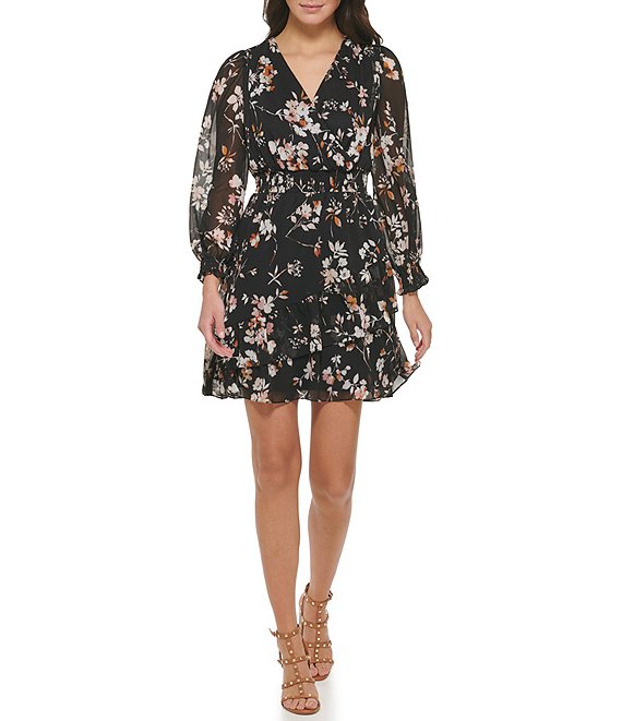 DKNY Floral Print V-Neck Long Sleeve Smocked Waist Ruffle Hem Dress ...