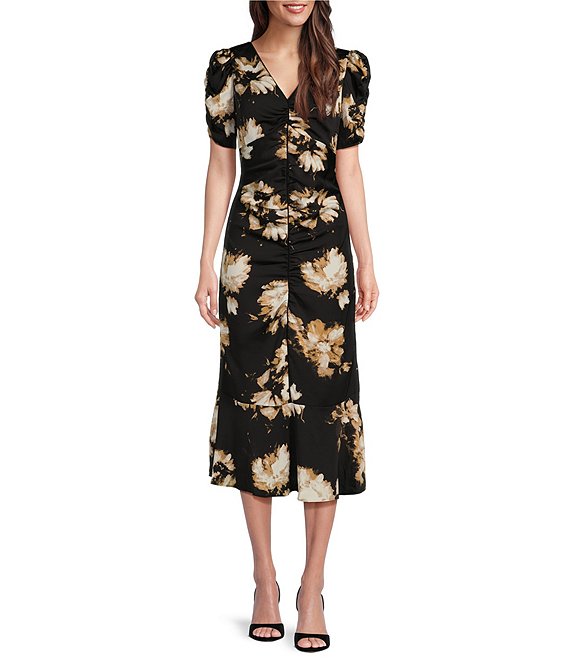 DKNY Floral Print V-Neck Short Ruched Sleeves Cinched Front Midi Dress |  Dillard's