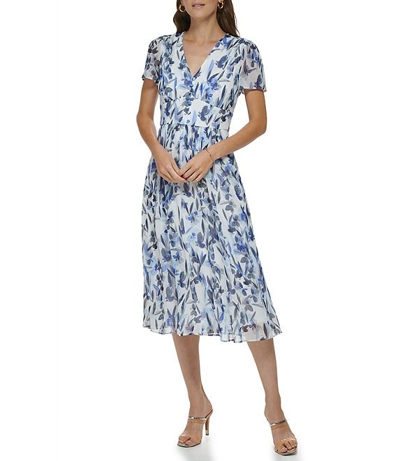 DKNY Floral Print V-Neck Short Sleeve Covered Button Bodice Chiffon A-Line Midi Dress