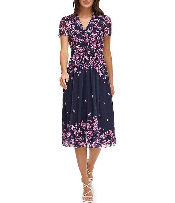 DKNY Floral Print V Neckline Short SLeeve Dress | Dillard's