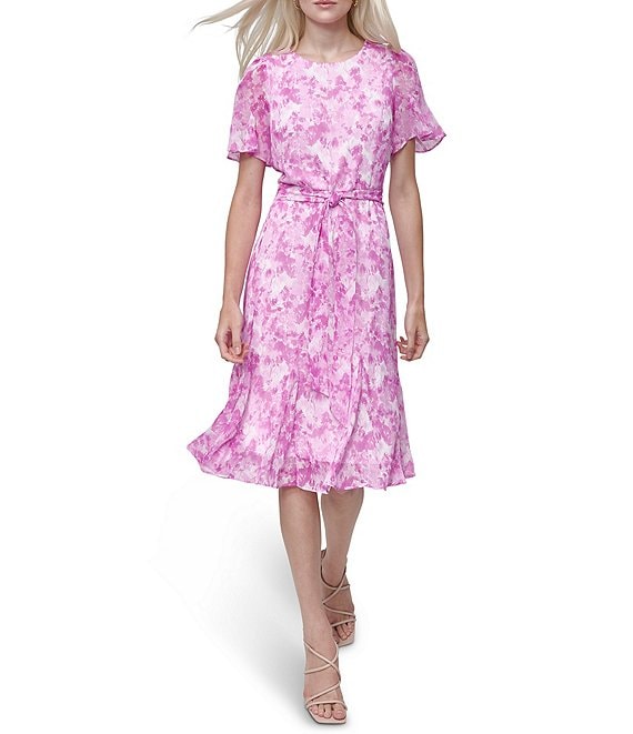 【Donna Karan New York】Floral-Print Tie-Waist Midi Dress Donna Karan New York Women's Floral-Print Tie-Waist Midi