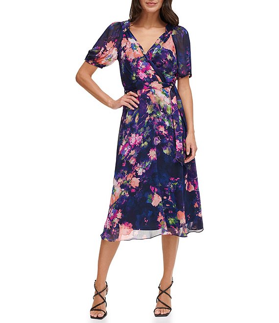 Dkny Floral Surplice V-Neck Short Sleeve Faux Wrap Dress | Dillard's