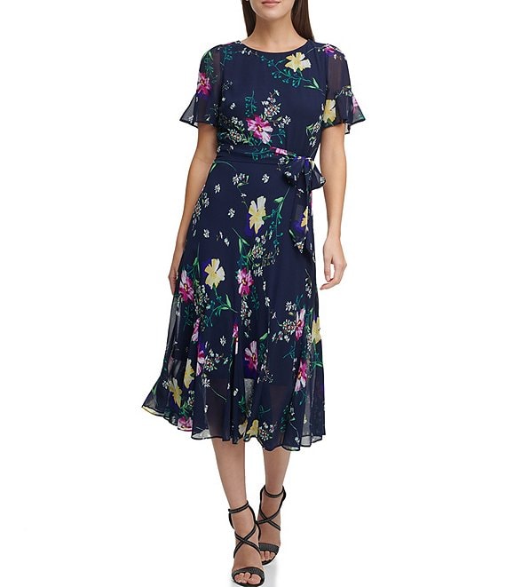 Dkny Sheer Short Flutter Sleeve Floral Print Chiffon Tie Belt Midi Dress Dillards 