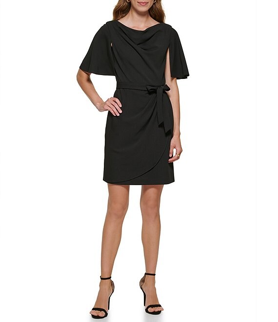 Color:Black - Image 1 - Flutter Stretch Cowl Neck Cape Back Faux Wrap Dress