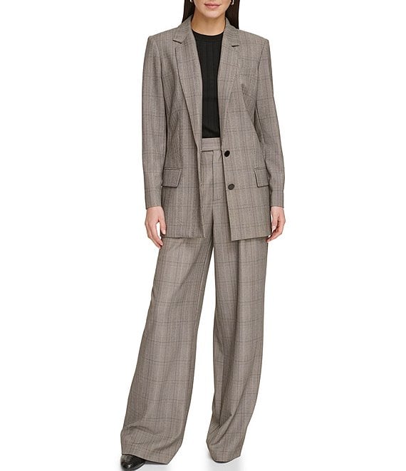 DKNY Glen Plaid Notch Lapel Long Sleeve Button Front Blazer ...