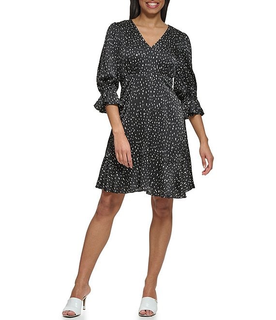 DKNY Hammered Satin Dotted V Neckline 3/4 Smocked Sleeve Dress | Dillard's