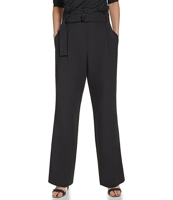 Color:Black - Image 1 - High Rise Flare Leg Paper Bag Side Pocket Belted Pants