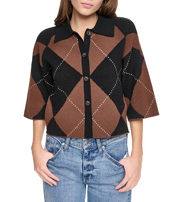 DKNY Jeans by Donna Karan Coordinating Fuzzy Diamond Pattern Point Collar Elbow Sleeve Cardigan