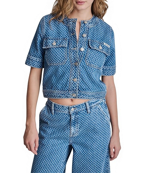 DKNY Jeans by Donna Karan Patch Pocket Button Front Crew Neck Short Sleeve Top