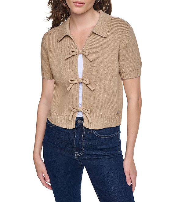 DKNY Jeans by Donna Karan Polo Point Collar Tie Front Short Sleeve Sweater