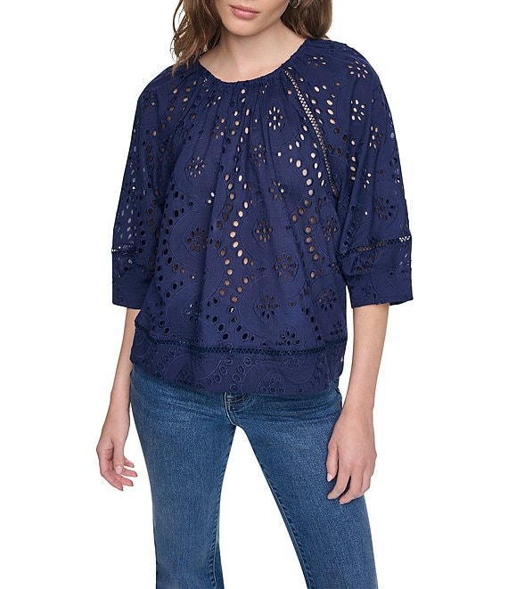 DKNY Jeans by Donna Karan Shirred Crew Neck 3/4 Raglan Sleeve Top