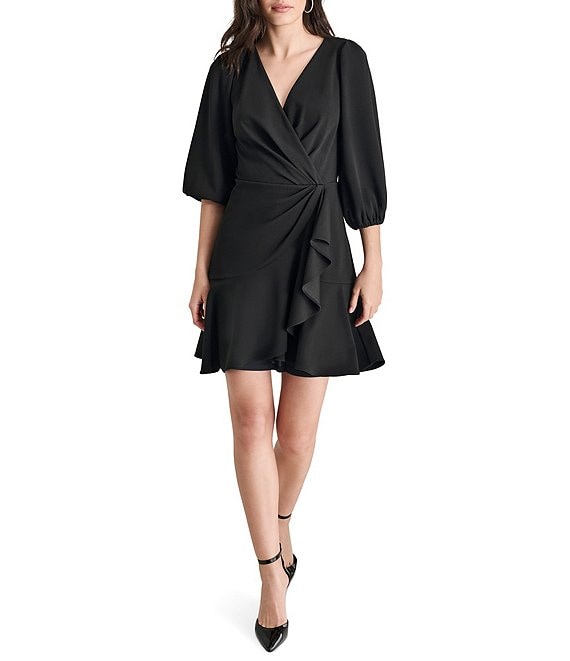 DKNY Knit Faux Wrap V Neck Balloon 3/4 Sleeve Ruffle Hem Dress | Dillard's