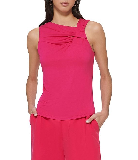 Color:Amalfi Pink - Image 1 - Knit Jersey Asymmetrical Neck Twisted Sleeveless Fitted Top