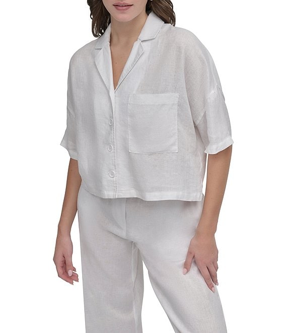 DKNY by Donna Karan Linen Notch Collar Short Sleeve Chest Pocket Button-Front Draped Hem Blouse
