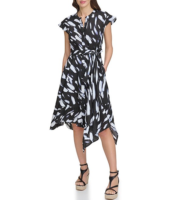 DKNY Linen Ruffle Cap Sleeve Tie Waist Midi Shirt Dress | Dillard's