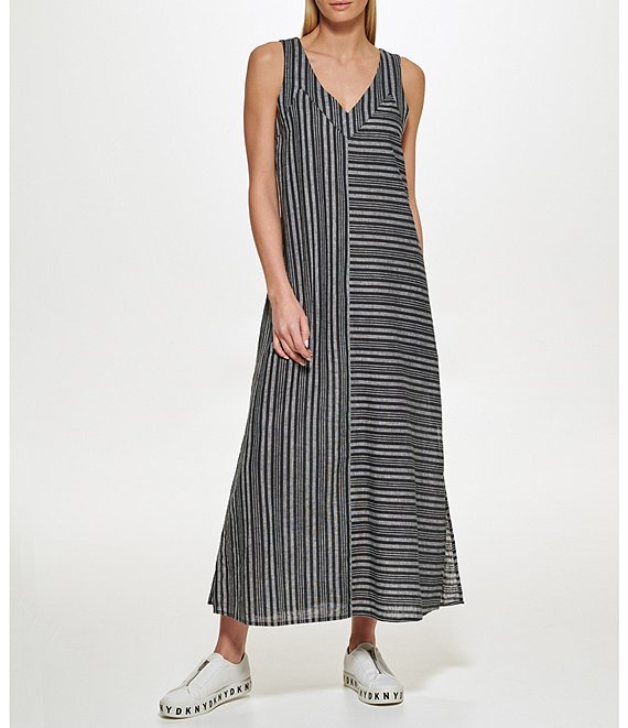 DKNY Linen Striped Double V-Neck Maxi Dress