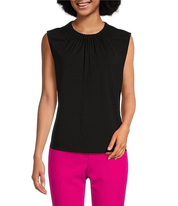 DKNY Matte Jersey Extended Shoulder Pleat Round Neck Blouse | Dillard's