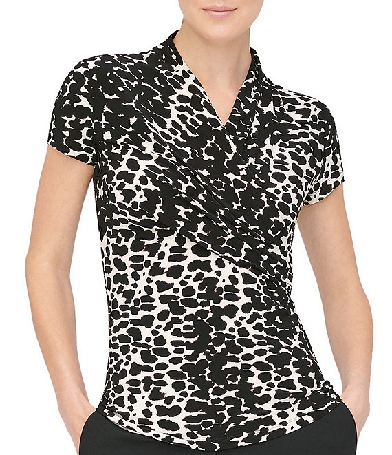 DKNY Animal Print Matte Jersey Short Sleeve V-Neck Side Ruched Top ...