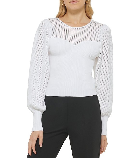 DKNY Mesh Cuffed Sleeves Pullover Sweater Top | Dillard's