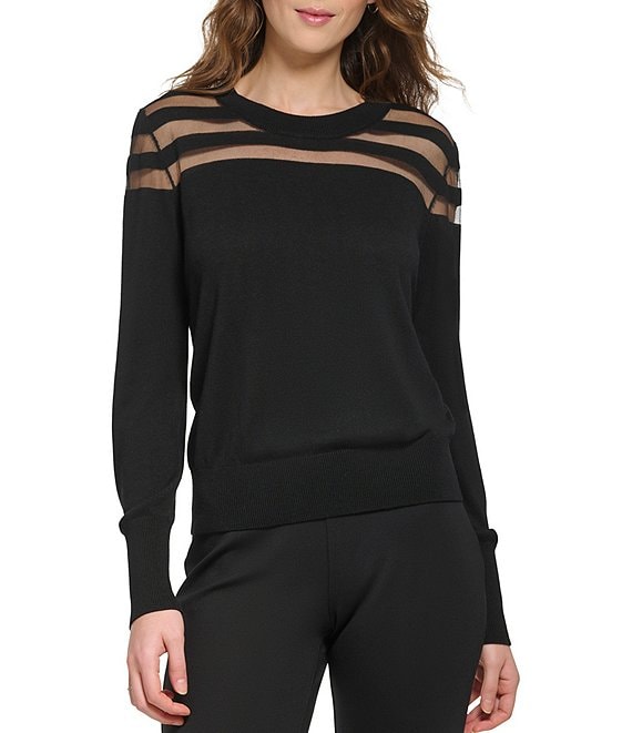 DKNY Mesh Knit Stripe Crew Neck Long Sleeve Fitted Sweater | Dillard's