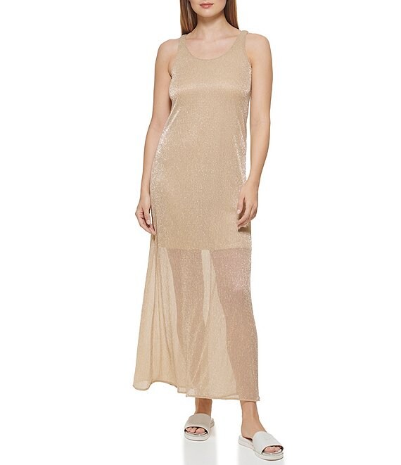 Color:Metallic Gold - Image 1 - Metallic Crinkle Stretch Scoop Neck Sleeveless Maxi Dress