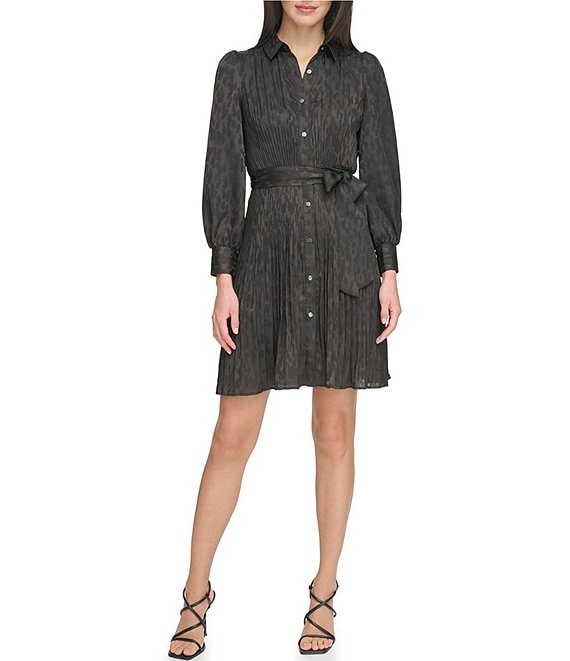 DKNY Petite Size Collared Neckline Long Sleeve Pleated Shirt Dress ...