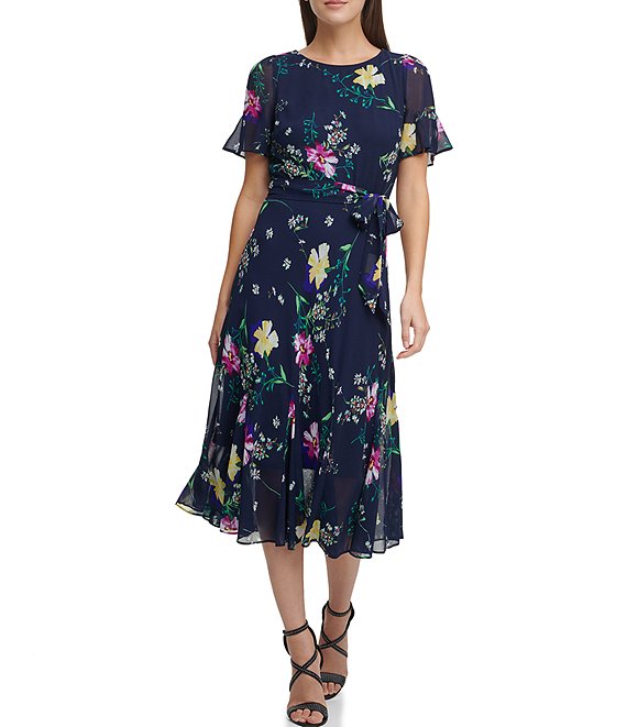 Color:Navy Multi - Image 1 - Petite Size Short Flutter Sleeve Floral Print Chiffon Round Neck Midi Dress