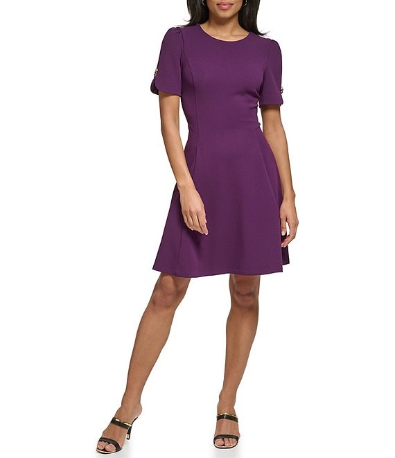 DKNY Petite Size Short Sleeve Crew Neck Scuba Crepe Fit and Flare Dress