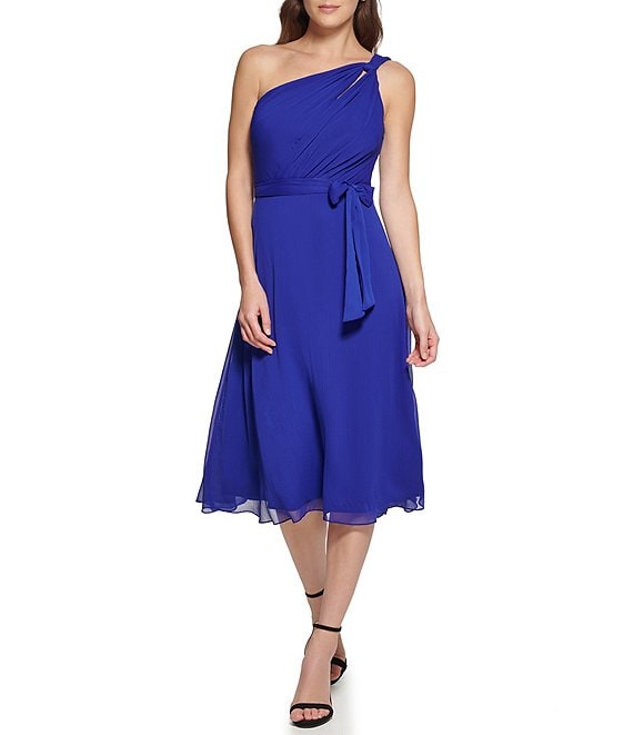 DKNY Petite Size Sleeveless One Shoulder Cut-Out Tie Waist Chiffon A-Line  Midi Dress
