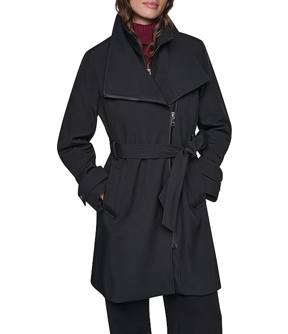 DKNY Petite Size Softshell Stand Collar Asymmetrical Zip Trench Coat