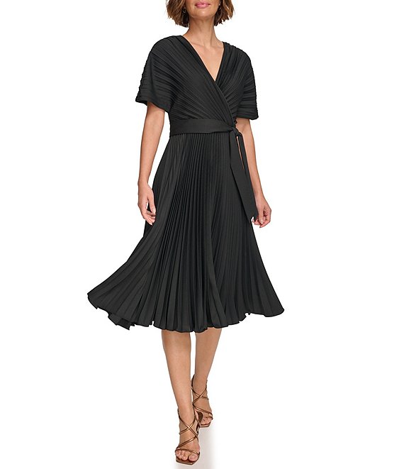 Color:Black - Image 1 - Pleated Surplice V-Neckline Short Sleeve Midi Dress