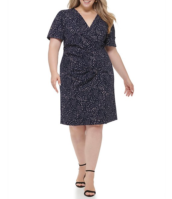 DKNY Plus Size Printed Short Sleeve Surplice V-Neck Side Ruched Scuba ...