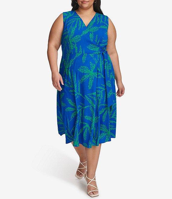 DKNY Plus Size Sleeveless V-Neck Tie Waist Printed Faux Wrap Midi Dress ...