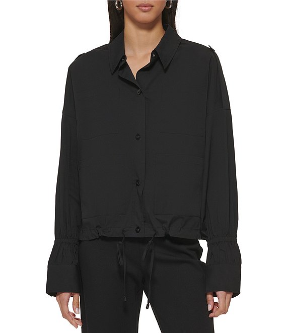 DKNY Point Collar Long Sleeve Button Front Poplin Top | Dillard's
