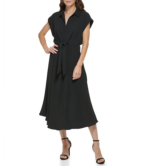 DKNY Point Collar Short Sleeve Tie Waist Midi Dress | Dillard's