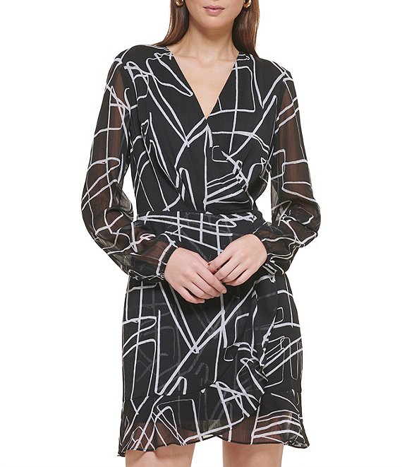 Color:Black/White - Image 1 - Printed V-Neck Long Sleeve Wrap Dress
