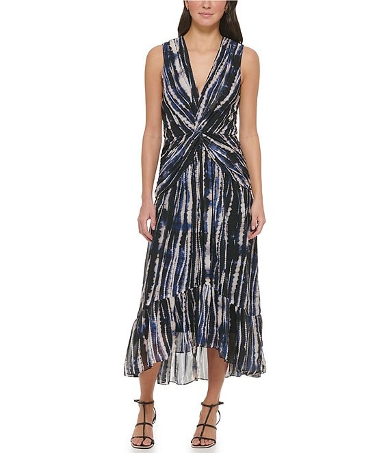 DKNY Printed V-Neck Sleeveless Twist Bodice Maxi Dress | Dillard's