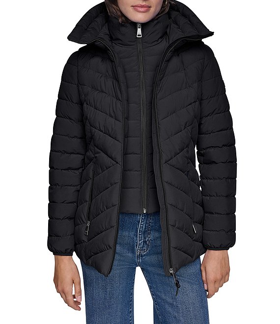 DKNY Quilt Hooded Funnel Collar Water Resistant Short Puffer