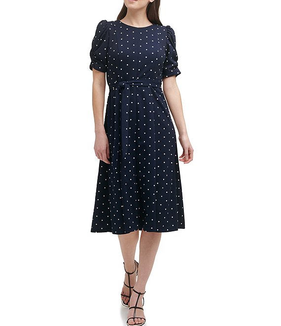 Color:Midnight/Antique Ivory - Image 1 - Ruched Short Sleeve A-Line Crew Neck Polka Dot Midi Dress