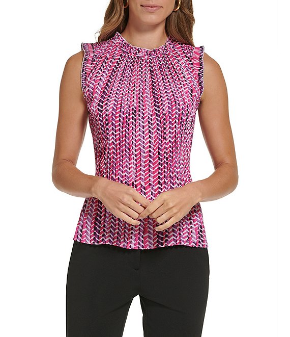Color:Hibiscus Multi - Image 1 - Ruffled Crew Neck Pleated Button Back Tank