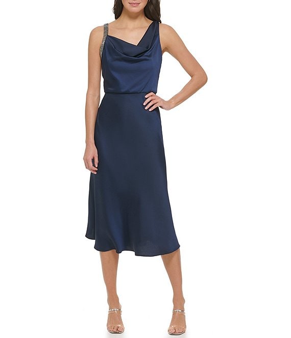 DKNY Satin Asymmetrical Cowl Neck Beaded Shoulder Midi Dress | Dillard's