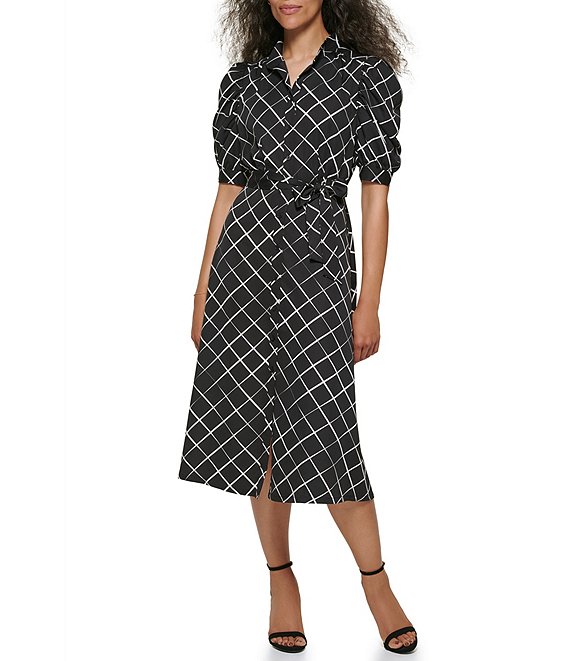 Color:Black/Ivory - Image 1 - Windowpane Print Banded V-Neck Short Puff Sleeve Belted Satin Crepe A-Line Midi Dress