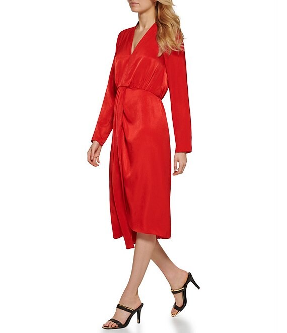 Color:Scarlet - Image 1 - Satin V-Neck Long Sleeve Cinched Ruched Waist Midi Dress