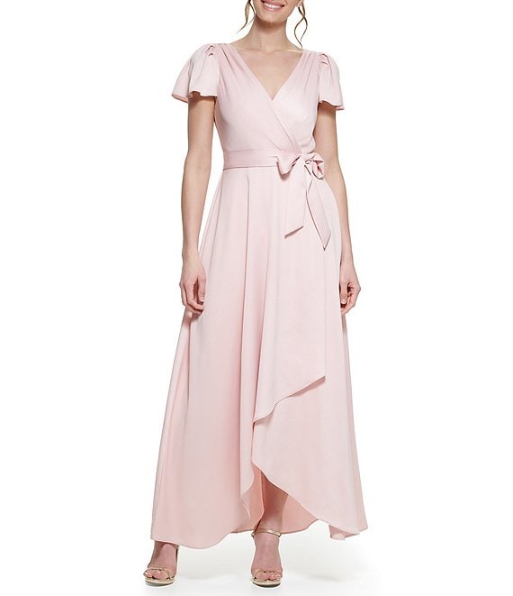 Color:Pink - Image 1 - Satin V-Neck Short Flutter Sleeve Faux Wrap High-Low Maxi Dress