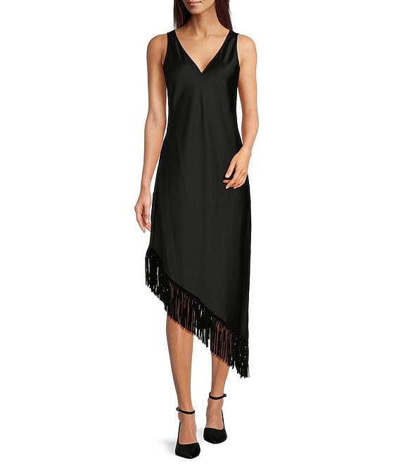 Color:Black - Image 1 - Satin V-Neck Sleeveless Asymmetrical Hemline Fringe Slip Midi Dress