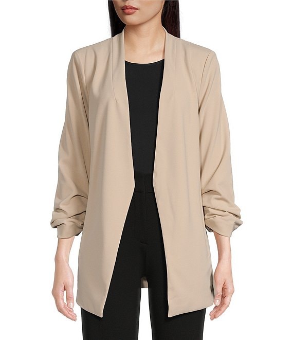 DKNY Scuba Crepe Ruched 3/4 Ruched Sleeve Open Front Jacket | Dillard's
